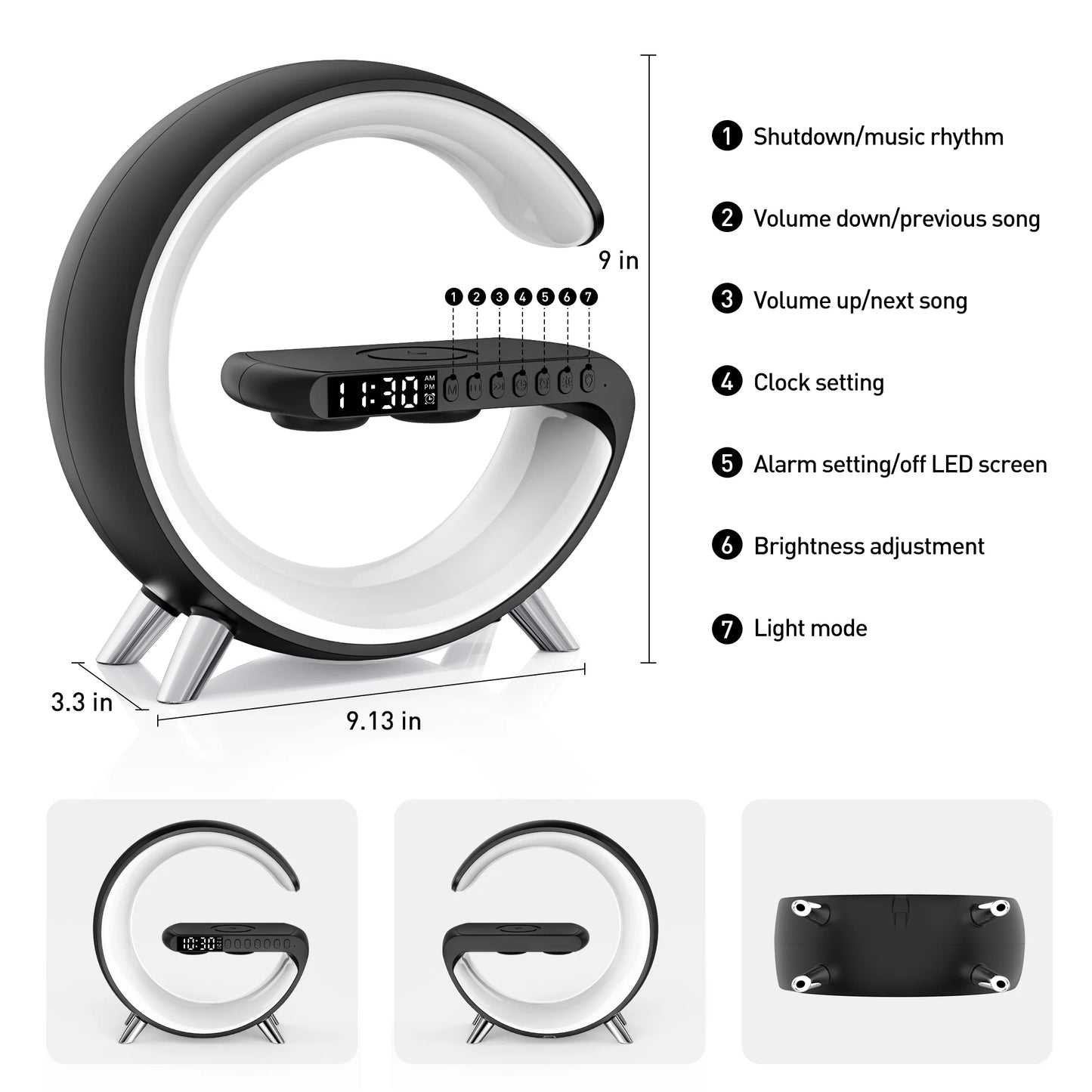 Bluetooth Atmosphere Lamp Alarm Clock, 15W Fast Wireless Charger, Dimmable Night Light