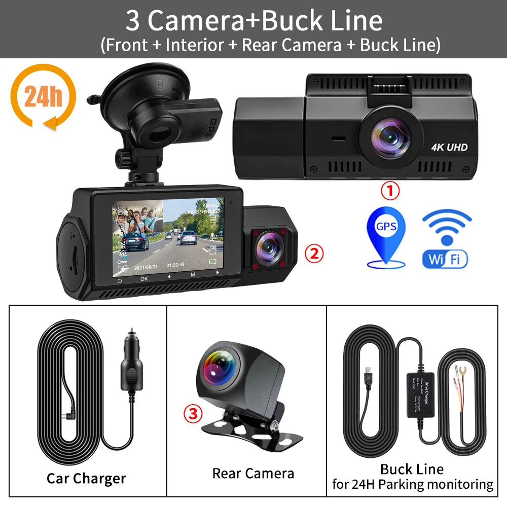 3 Channel Dash Cam Front inside Rear Three Way Car Dash Camera 4K+1080P Dual Channel with Wifi GPS IR Night Vision DVR Black Box