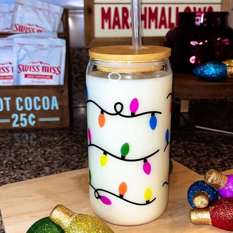Color Changing Christmas Lights Glass Cup with Lid and Straw - 16 Oz - Drinkware, Transparent Tumblers Mug Bottles