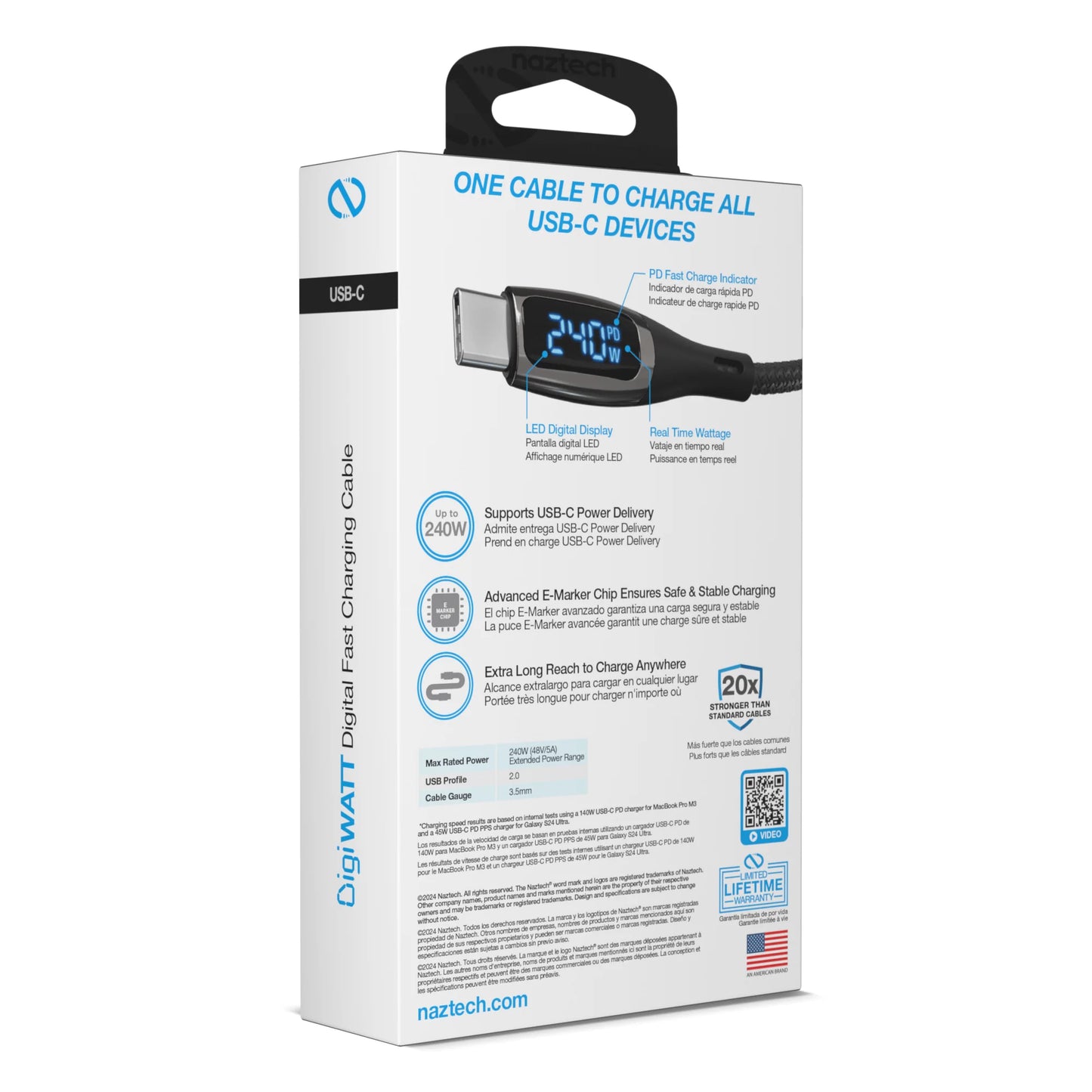 Naztech Digiwatt USB-C to USB-C Digital LED Cable 12Ft