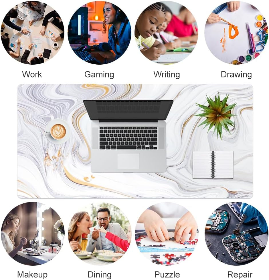 White Mouse Pad, Cute Marble Large Desk Mat, Waterproof, Non Slip