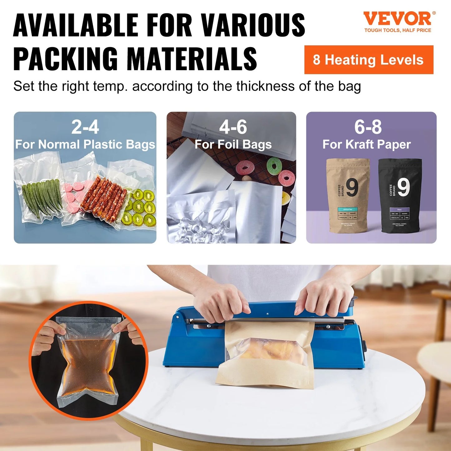 VEVOR Impulse Sealer 12 Inch, Manual Heat Seal Machine with Adjustable Heating Mode, ABS Shrink Wrap Bag Sealers for Plastic Mylar PE PP Bags, Portable Poly Bag Sealing Machine with Extra Replace Kit