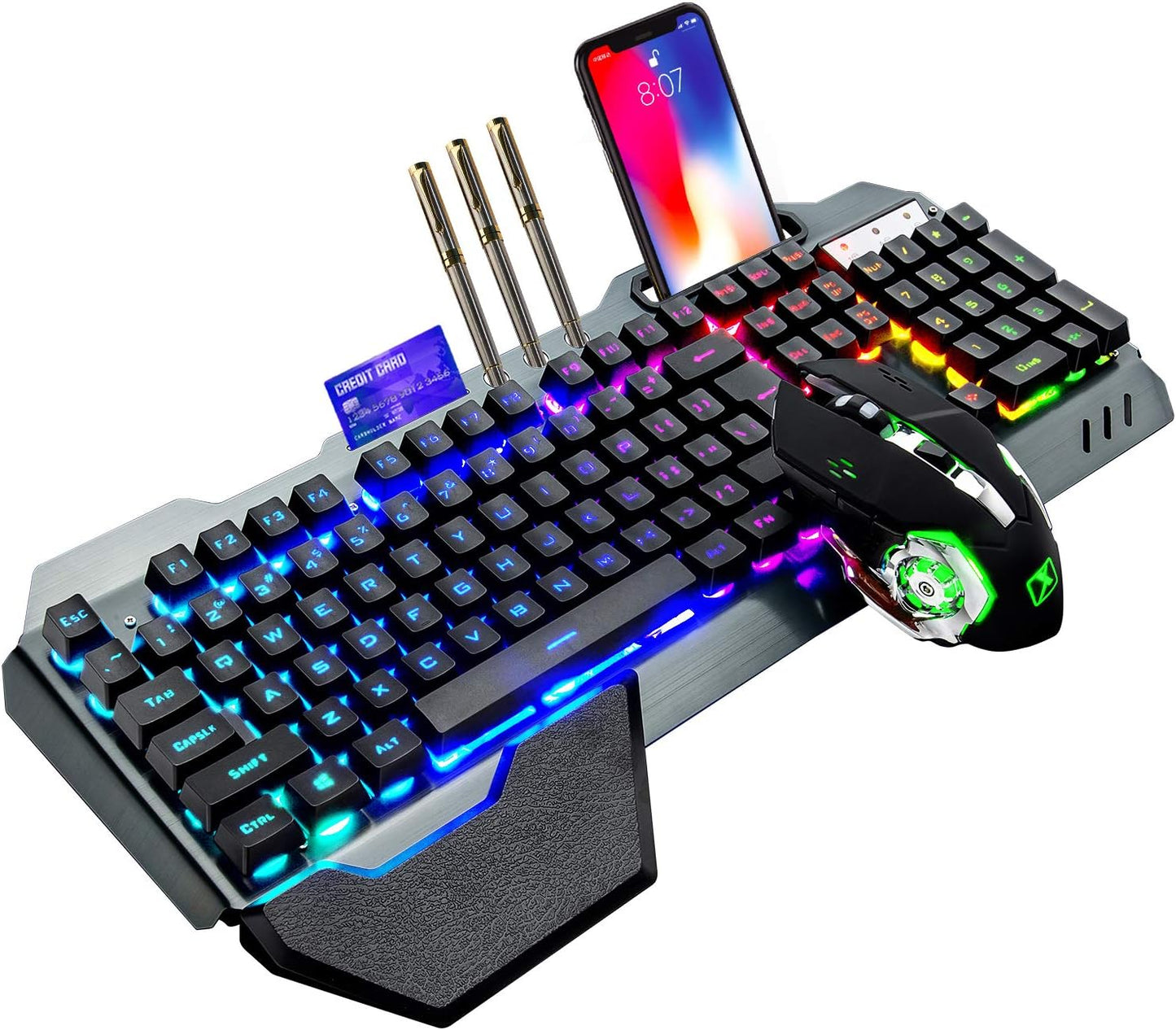 Wireless Gaming Keyboard and Mouse, Rainbow Backlit Rechargeable Keyboard Mouse