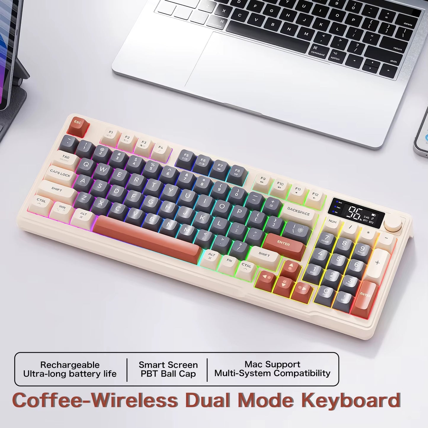 M96 Bluetooth Keyboard Wireless Screen Gaming Keyboard,Electronic Screen, Multi-Device Connection,Ergonomics Gaming