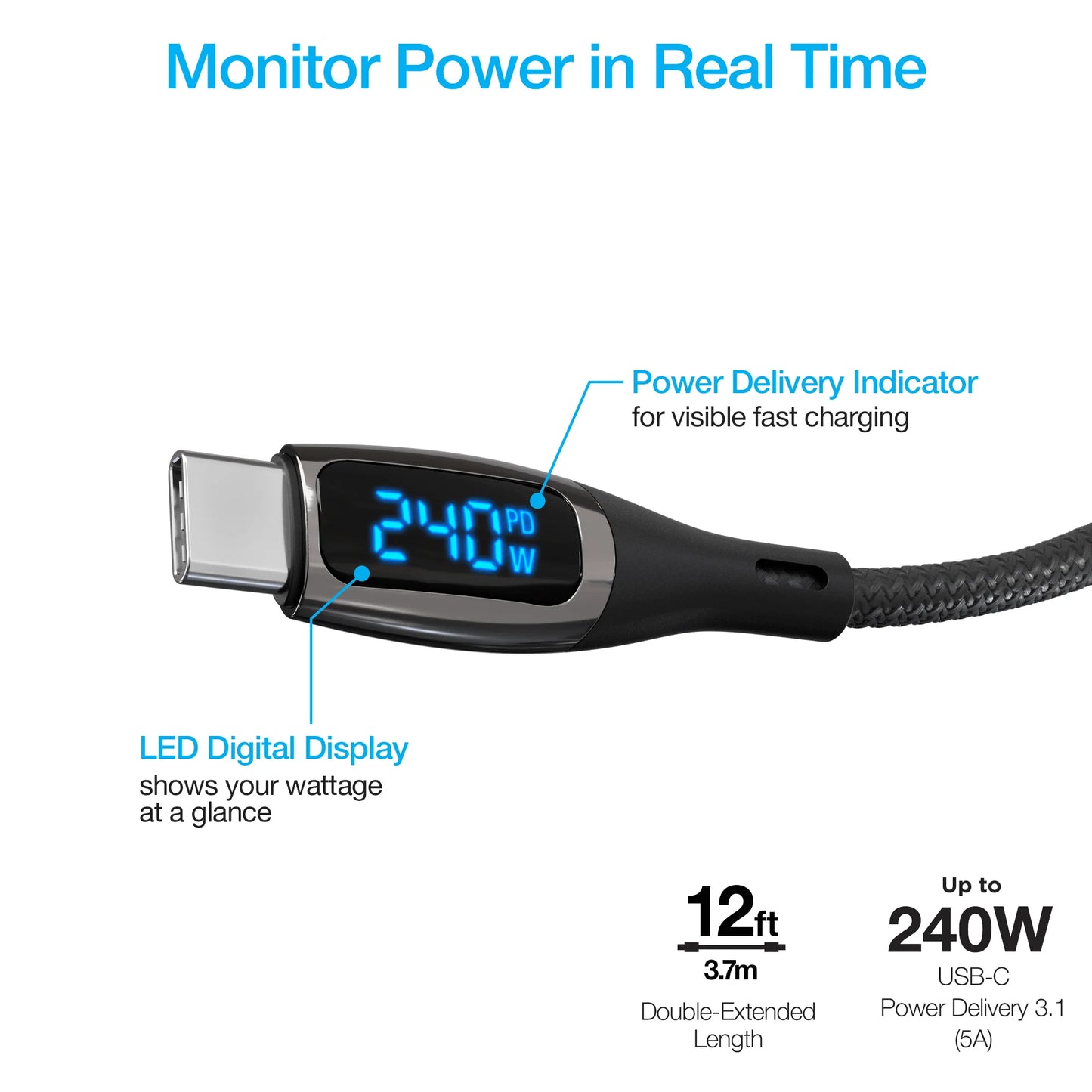 Naztech Digiwatt USB-C to USB-C Digital LED Cable 12Ft