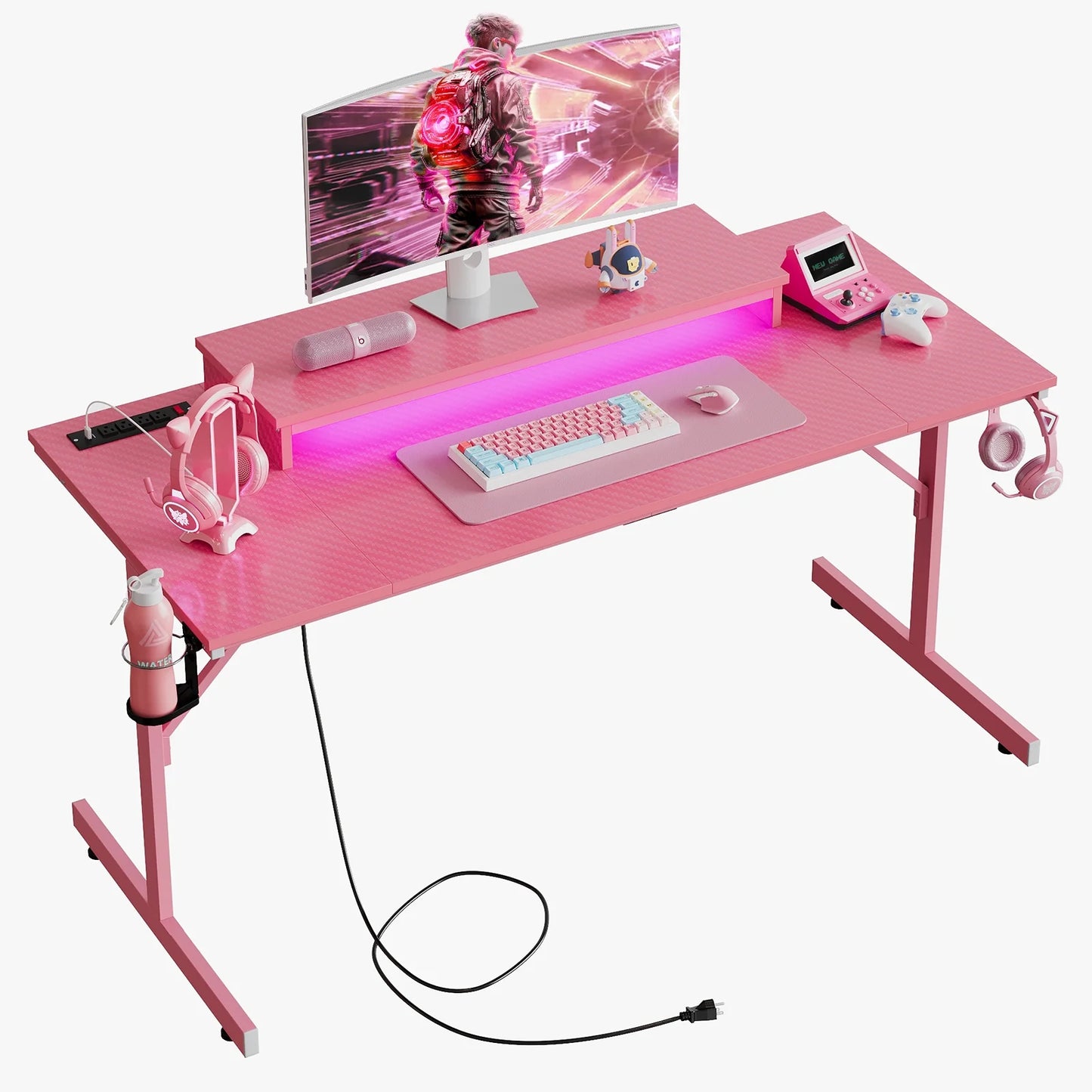 52 Inch Gaming Desk with Power Strip and LED Monitor Stand, Carbon Fiber Pink