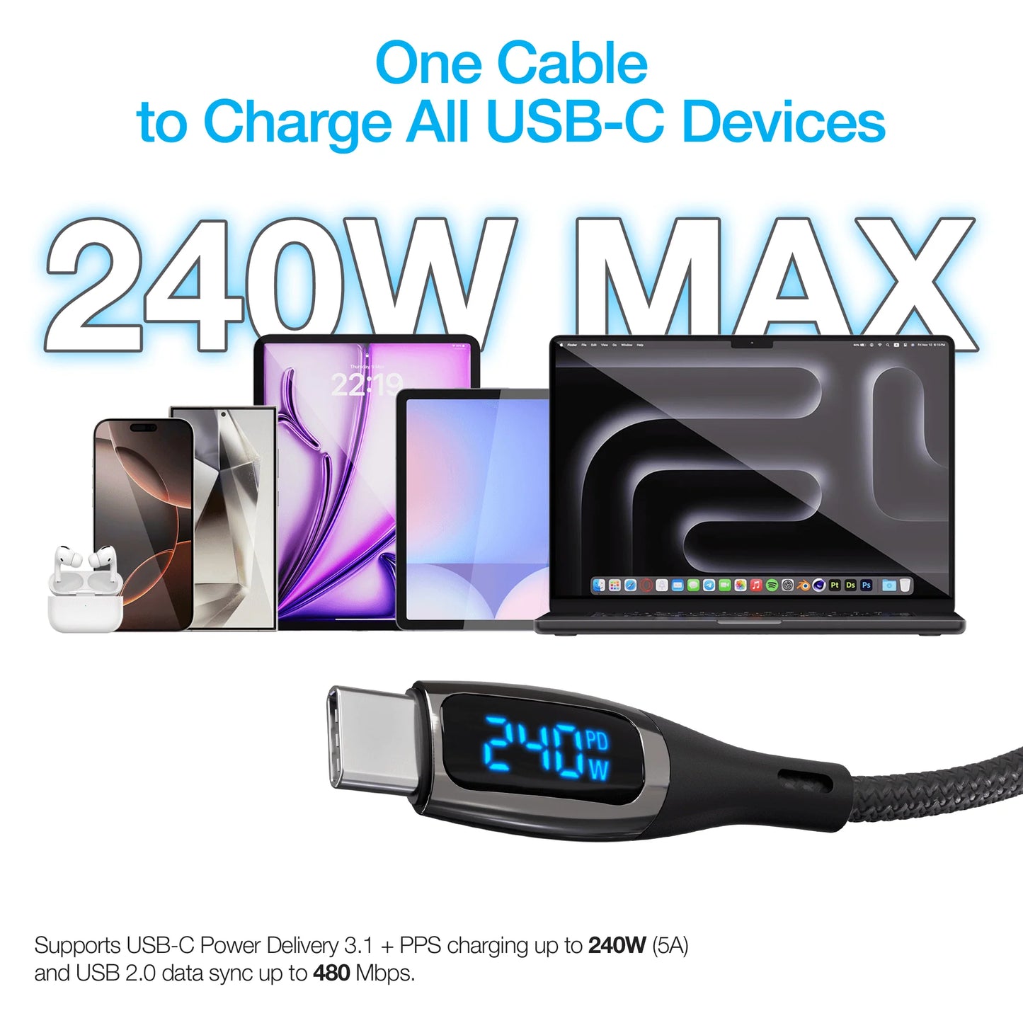 Naztech Digiwatt USB-C to USB-C Digital LED Cable 12Ft