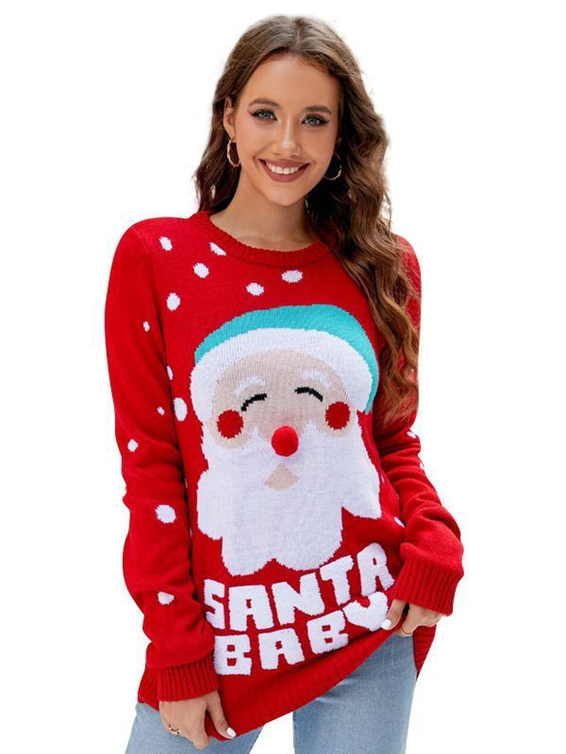 Women'S Tops Santa Pullover Christmas Red Sweaters Long Sleeve Crew Neck