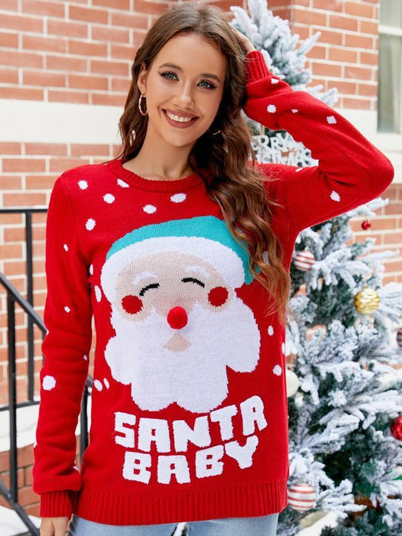 Women'S Tops Santa Pullover Christmas Red Sweaters Long Sleeve Crew Neck