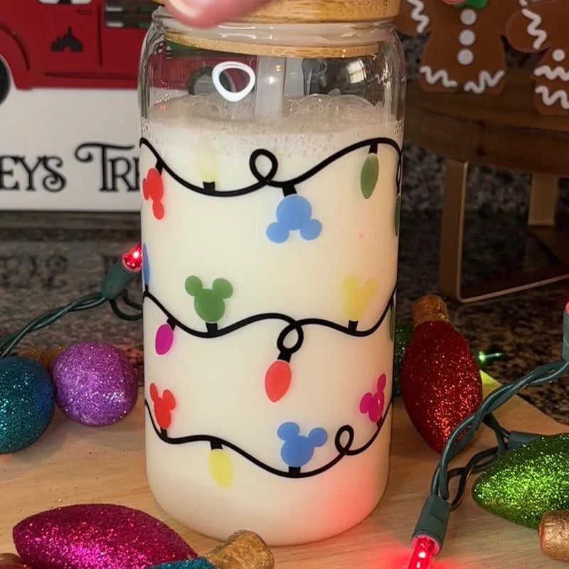 Color Changing Christmas Lights Glass Cup with Lid and Straw - 16 Oz - Drinkware, Transparent Tumblers Mug Bottles