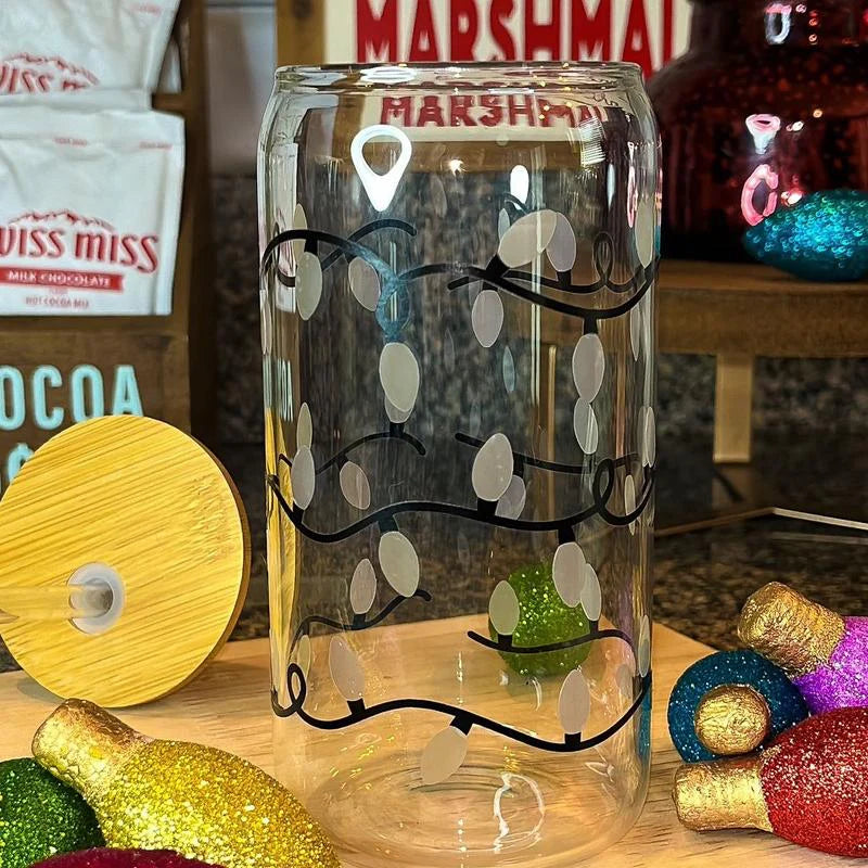 Color Changing Christmas Lights Glass Cup with Lid and Straw - 16 Oz - Drinkware, Transparent Tumblers Mug Bottles