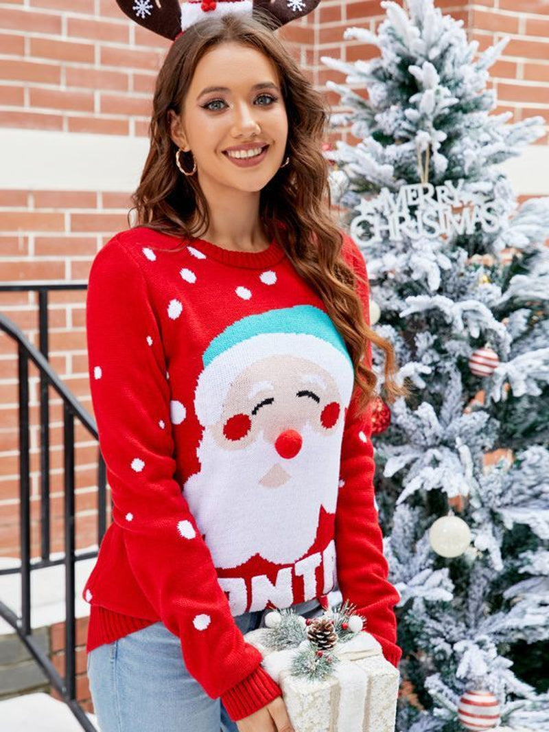 Women'S Tops Santa Pullover Christmas Red Sweaters Long Sleeve Crew Neck