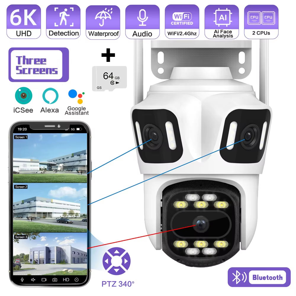 Outdoor PTZ 6K WIFI IP Triple Lens Camera with Triple Screens