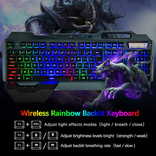 Wireless Gaming Keyboard and Mouse, Rainbow Backlit Rechargeable Keyboard Mouse