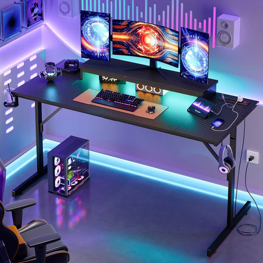 52 Inch Gaming Desk with Power Strip and LED Monitor Stand, Carbon Fiber Black