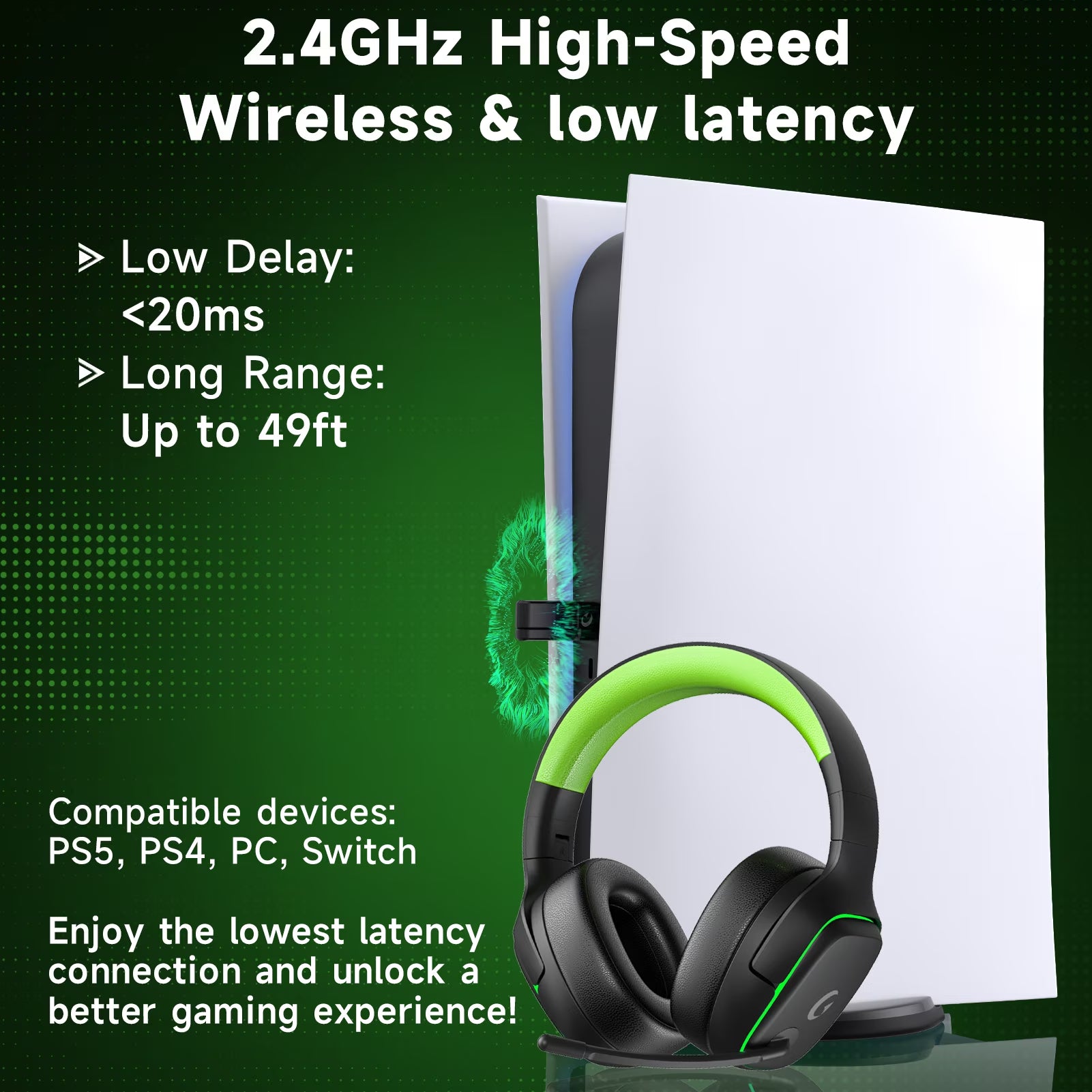 Wireless Gaming Headset 2.4Ghz for Ps5/Ps4/Pc/Switch, Bluetooth 5.3 Headphones with Noise-Canceling Mic