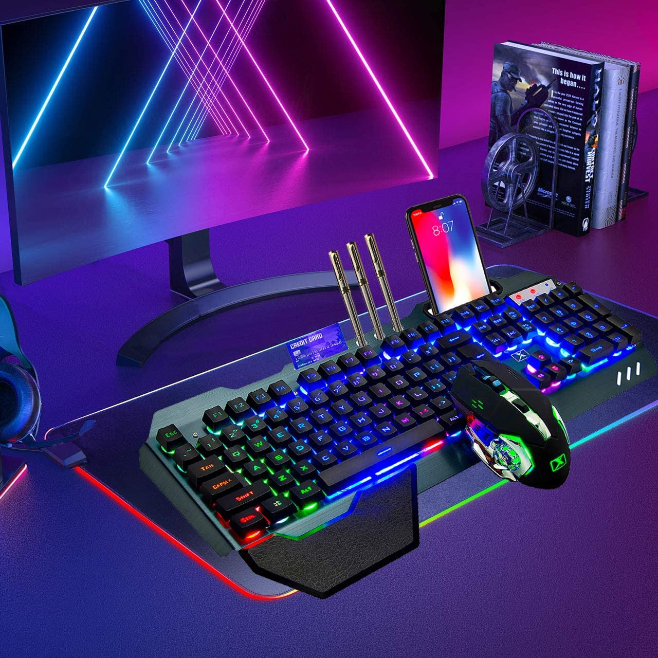 Wireless Gaming Keyboard and Mouse, Rainbow Backlit Rechargeable Keyboard Mouse 