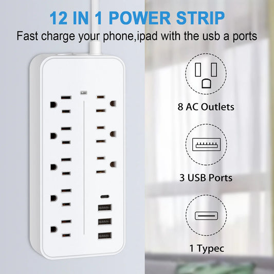 Power Strip US Plug AC Outlets Multitap Electrical Socket Extension Cord with USB C Ports Fast Charging Network Filter Adapter