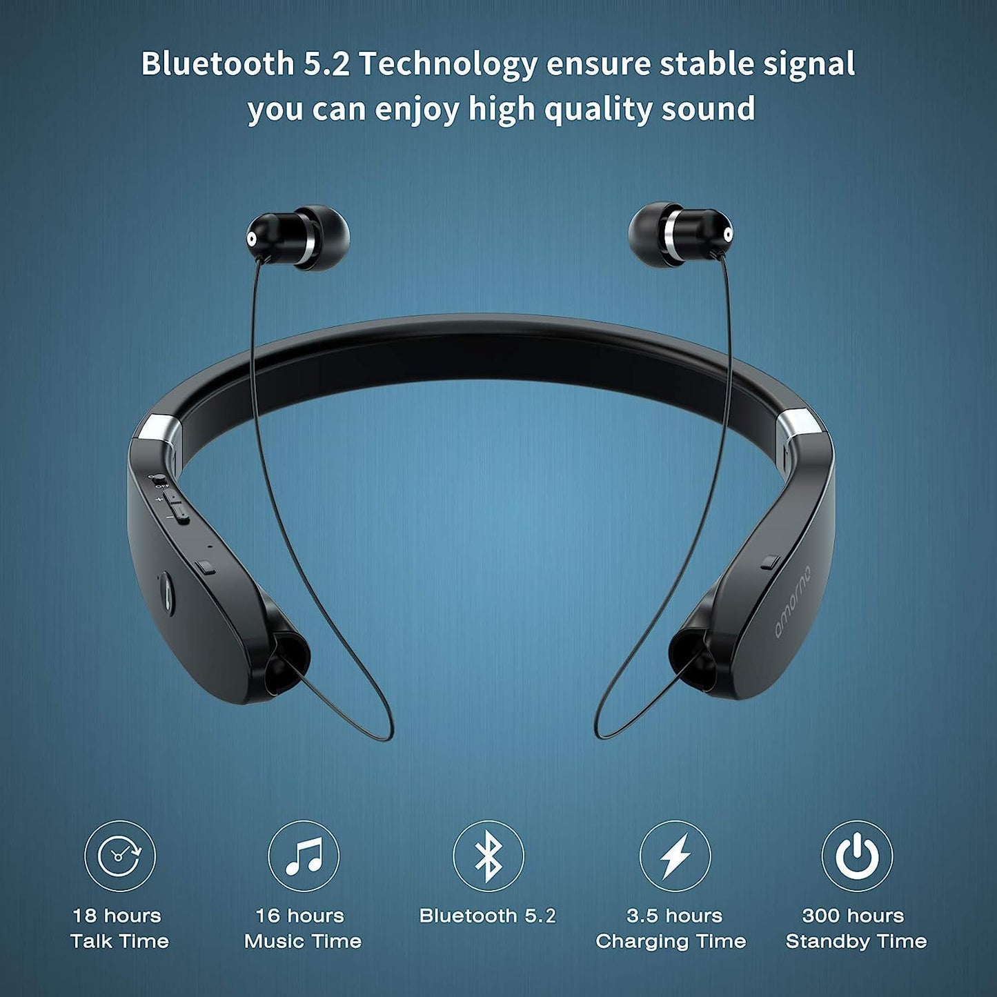 Foldable Bluetooth Headphones Wireless Neckband Headset with Retractable Earbuds