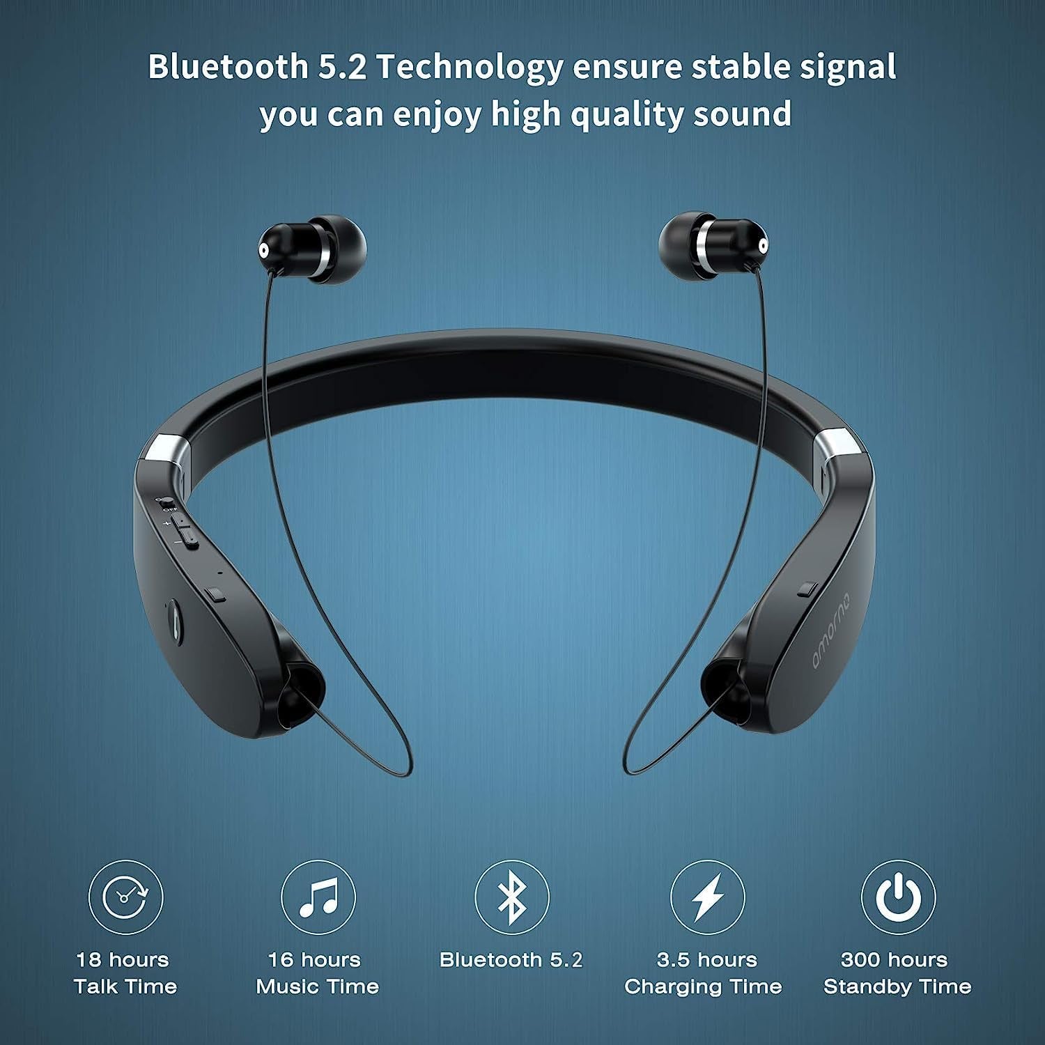 Foldable Bluetooth Headphones Wireless Neckband Headset with Retractable Earbuds