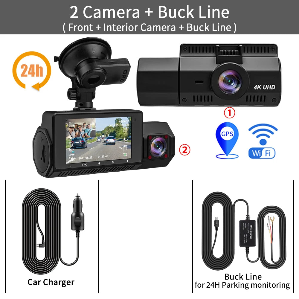 3 Channel Dash Cam Front inside Rear Three Way Car Dash Camera 4K+1080P Dual Channel with Wifi GPS IR Night Vision DVR Black Box