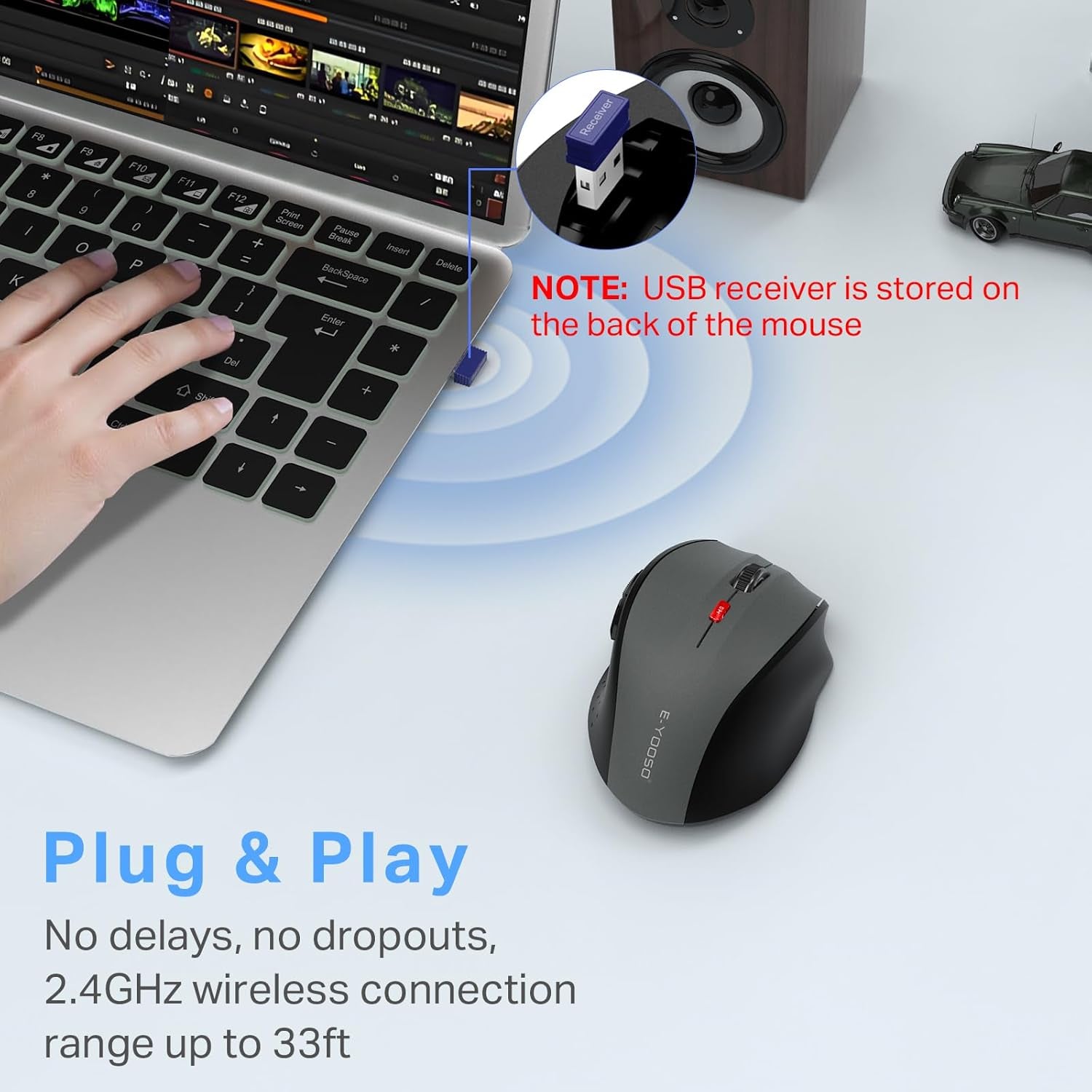 E-YOOSO Wireless Mouse for Laptop, Portable Optical Computer Mouse, 6 Buttons