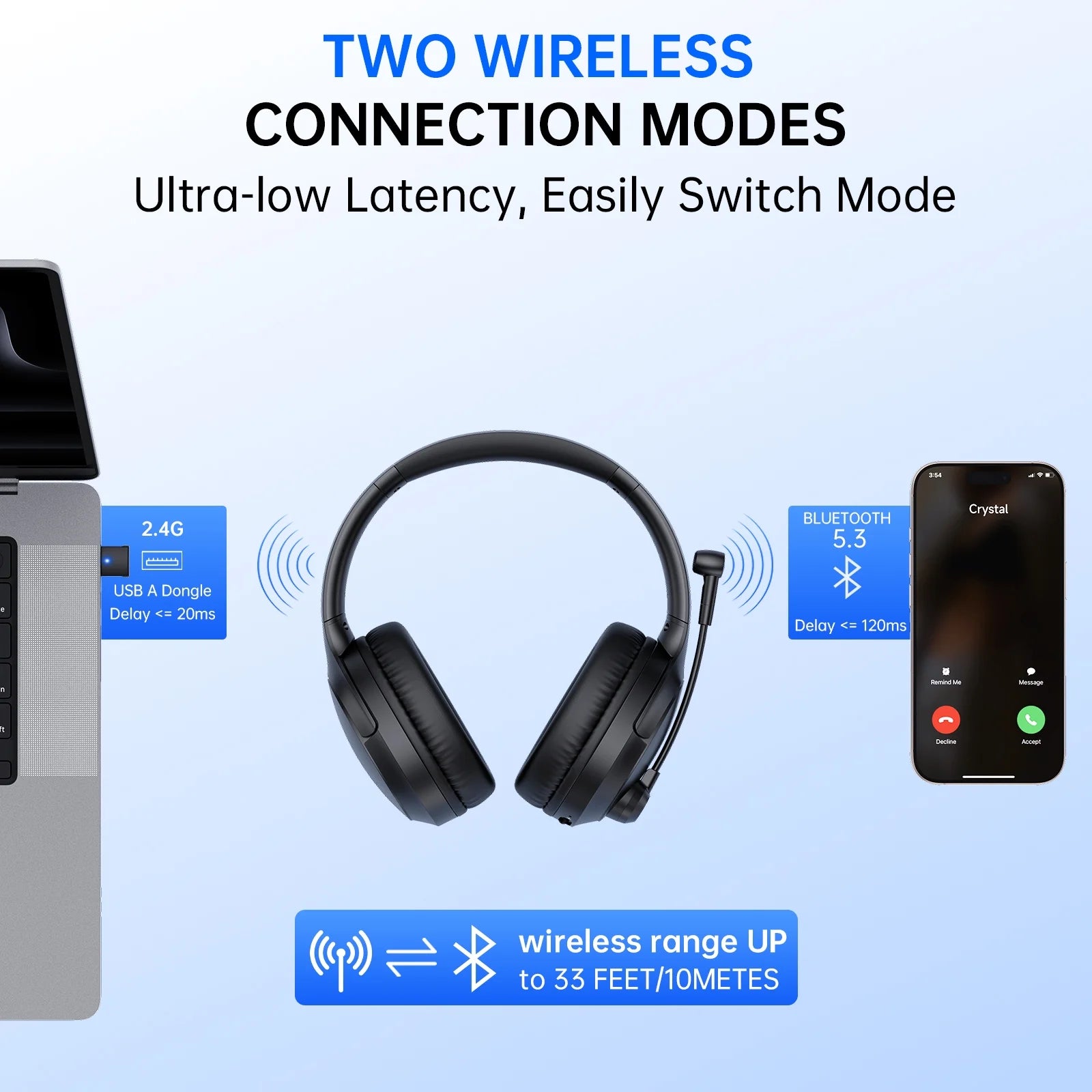 Wireless Headset with Mic AI Noise Cancelling, Black