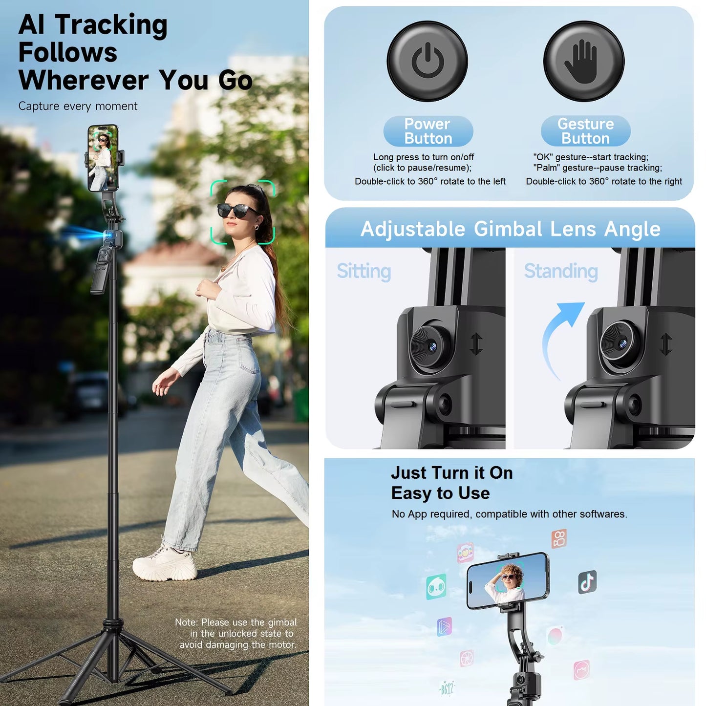 Auto Face Tracking Tripod 360° Rotation Mount 64" Extendable Auto Tracking Phone Holder Motion Sensor Tripod Selfie Stick Remote