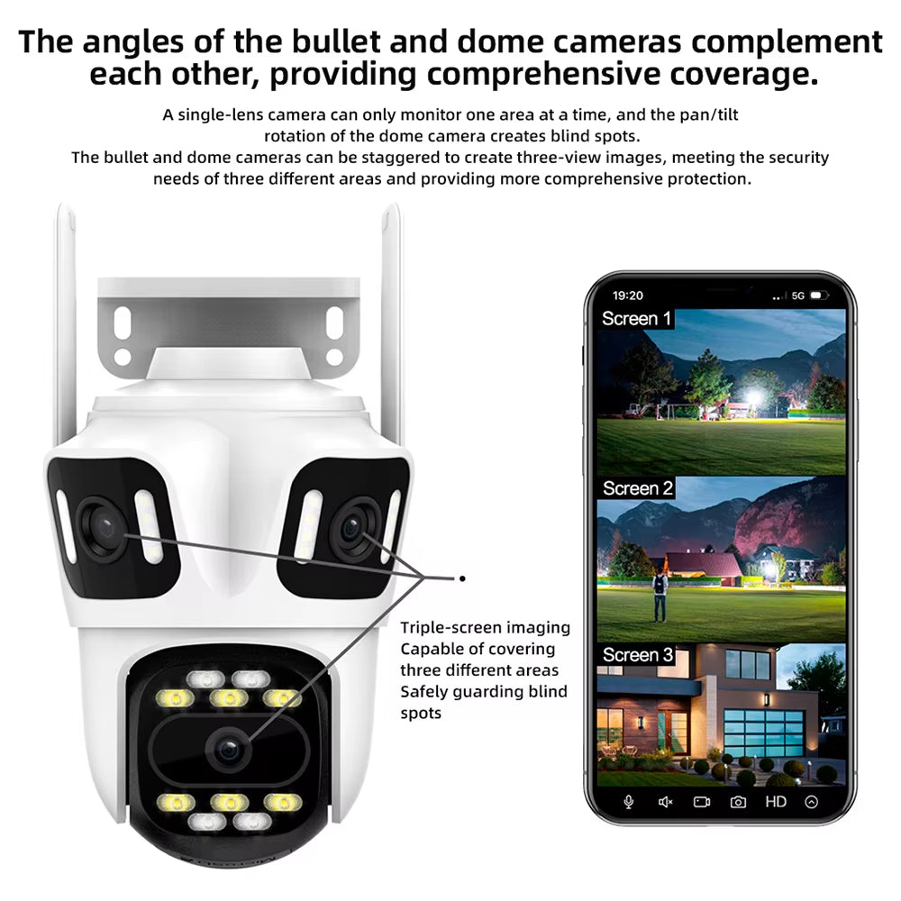 Outdoor PTZ 6K WIFI IP Triple Lens Camera with Triple Screens