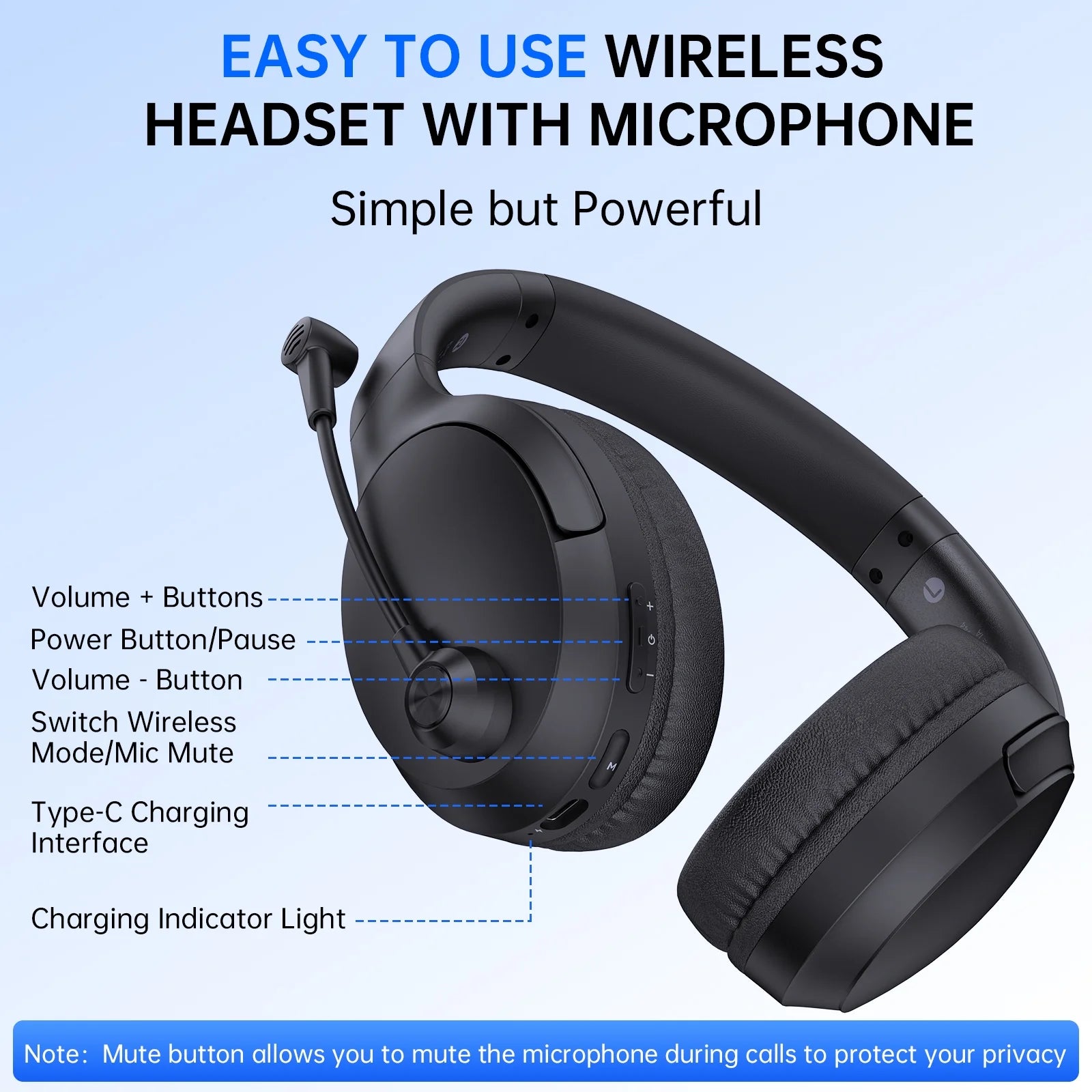 Wireless Headset with Mic AI Noise Cancelling, Black