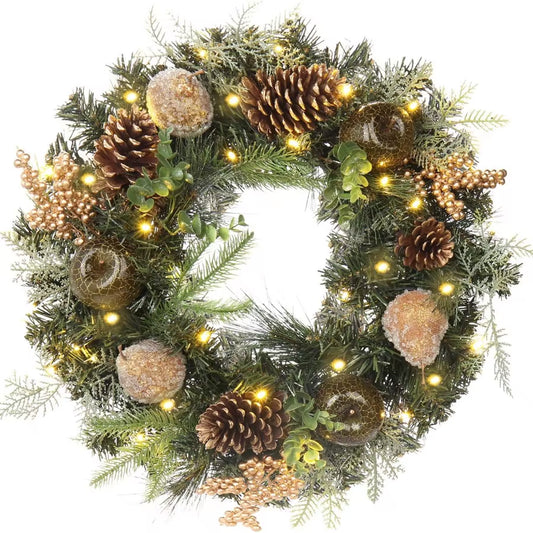 Christmas Wreath 20 Christmas Front Door Wreath Ornament with LED Lights Pinecone Berries Artificial Pine Garland for Party Tab