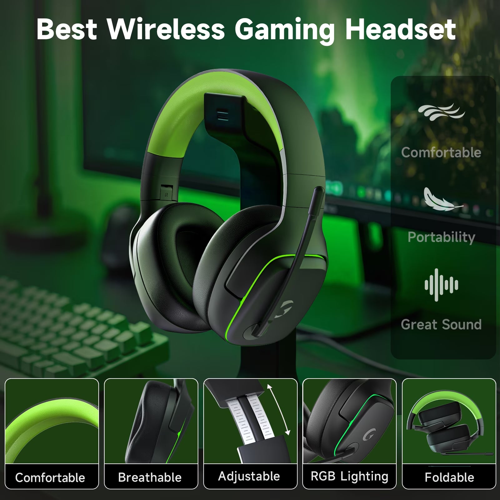 Wireless Gaming Headset 2.4Ghz for Ps5/Ps4/Pc/Switch, Bluetooth 5.3 Headphones with Noise-Canceling Mic