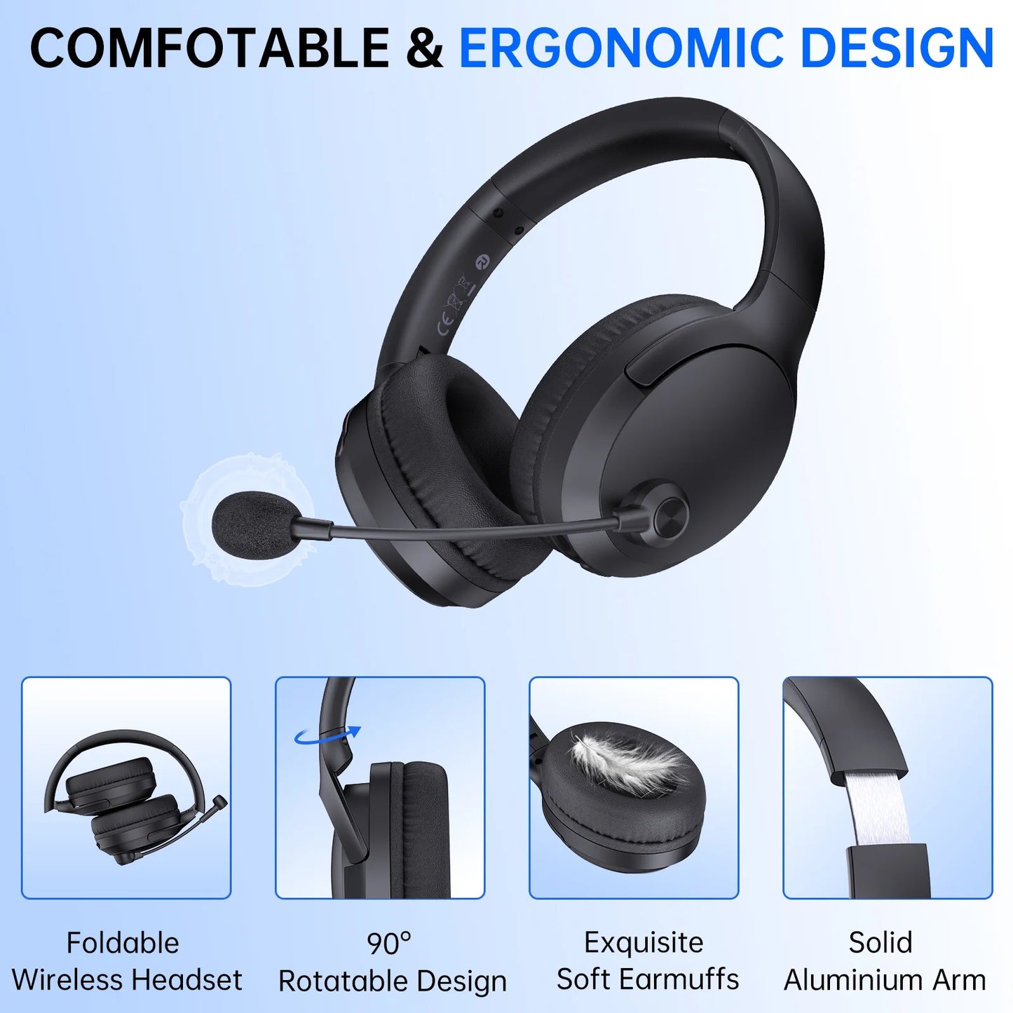Wireless Headset with Mic AI Noise Cancelling, Black