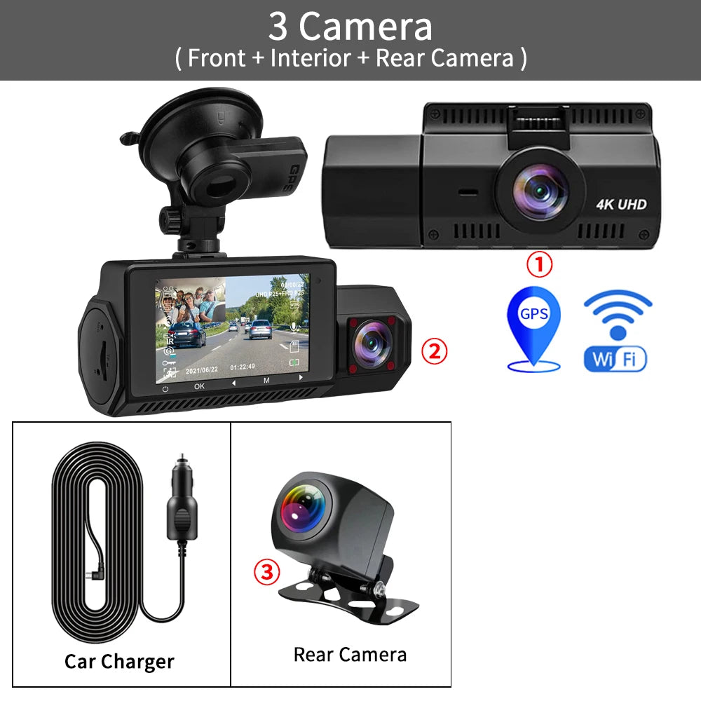 3 Channel Dash Cam Front inside Rear Three Way Car Dash Camera 4K+1080P Dual Channel with Wifi GPS IR Night Vision DVR Black Box