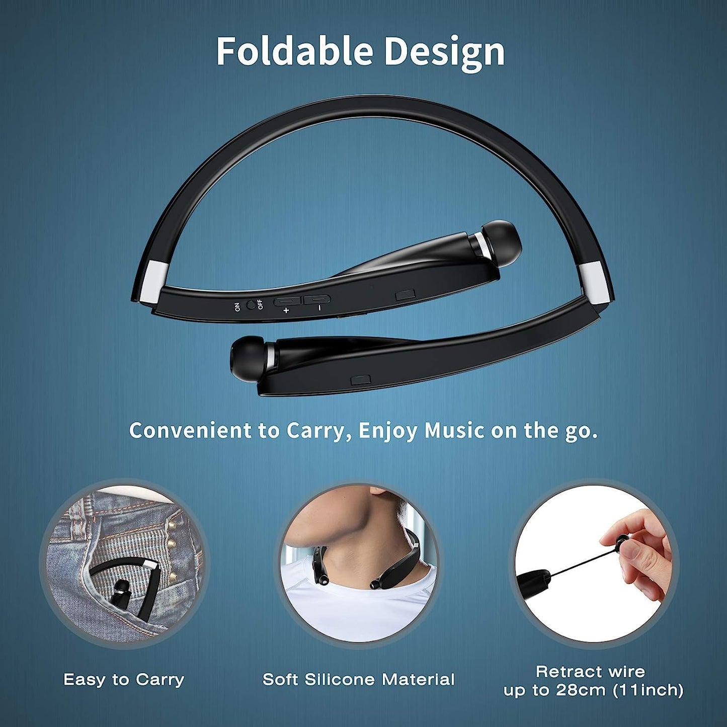 Foldable Bluetooth Headphones Wireless Neckband Headset with Retractable Earbuds