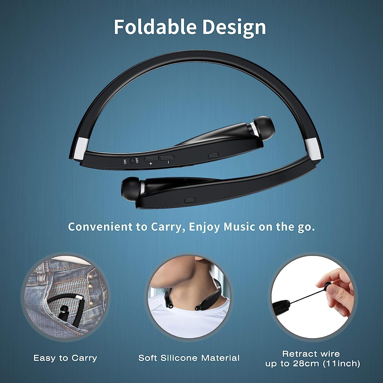 Foldable Bluetooth Headphones Wireless Neckband Headset with Retractable Earbuds