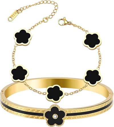 2pcs Stackable Bangle Bracelets 18K Gold Plated Lucky Clover Bracelet Stainless Steel Clover Jewelry Set Fashion Birthday Gifts for Women