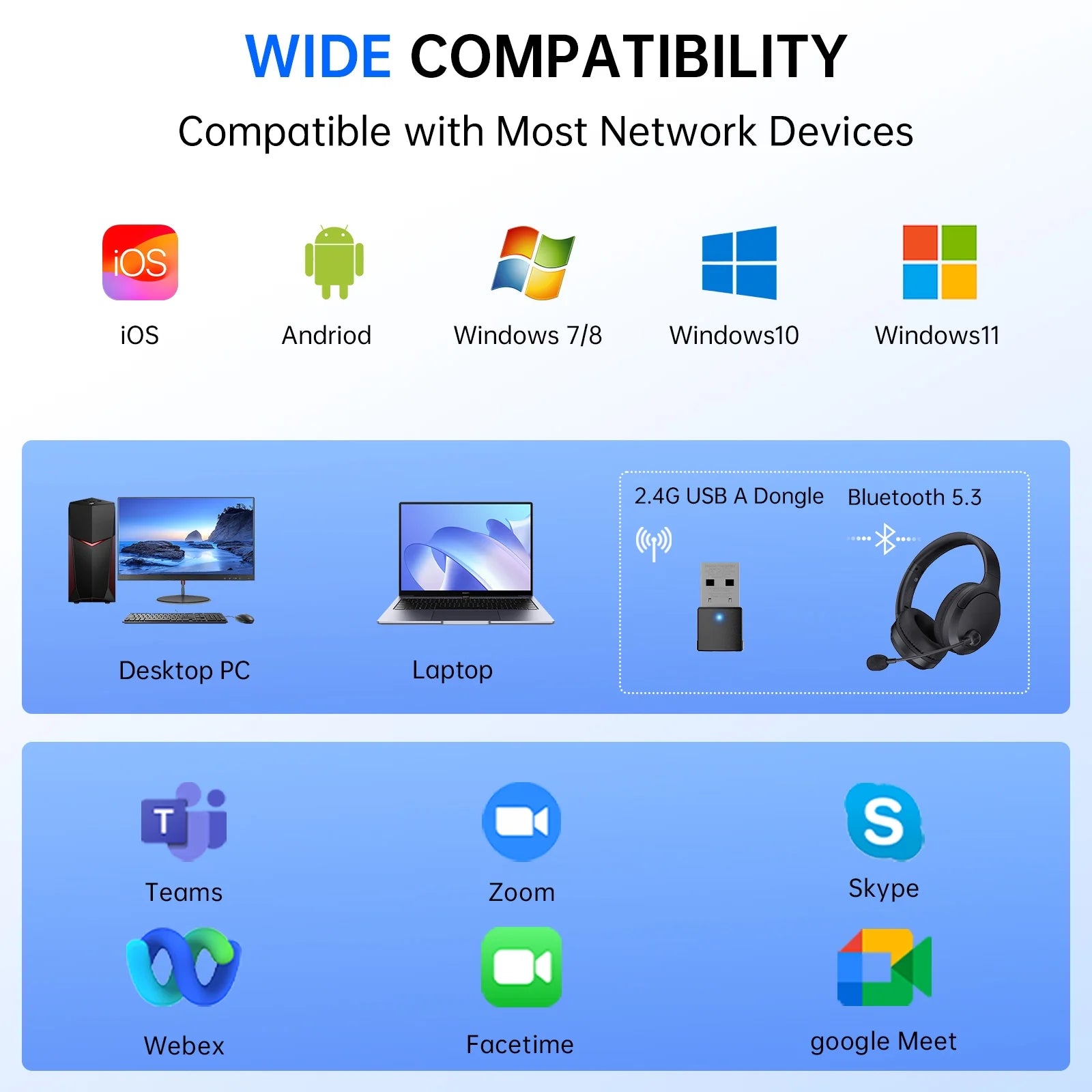 Wireless Headset with Mic AI Noise Cancelling, Black