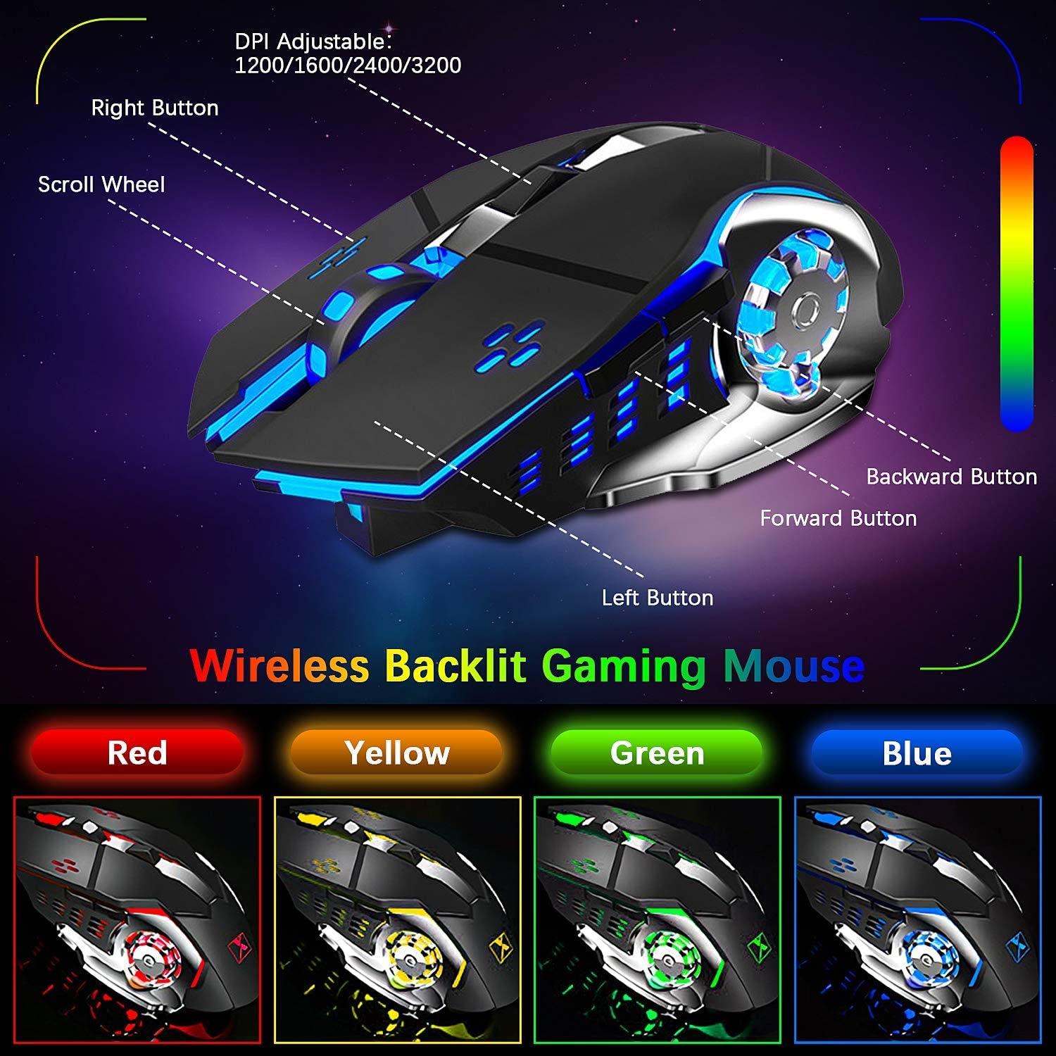 Wireless Gaming Keyboard and Mouse, Rainbow Backlit Rechargeable Keyboard Mouse 