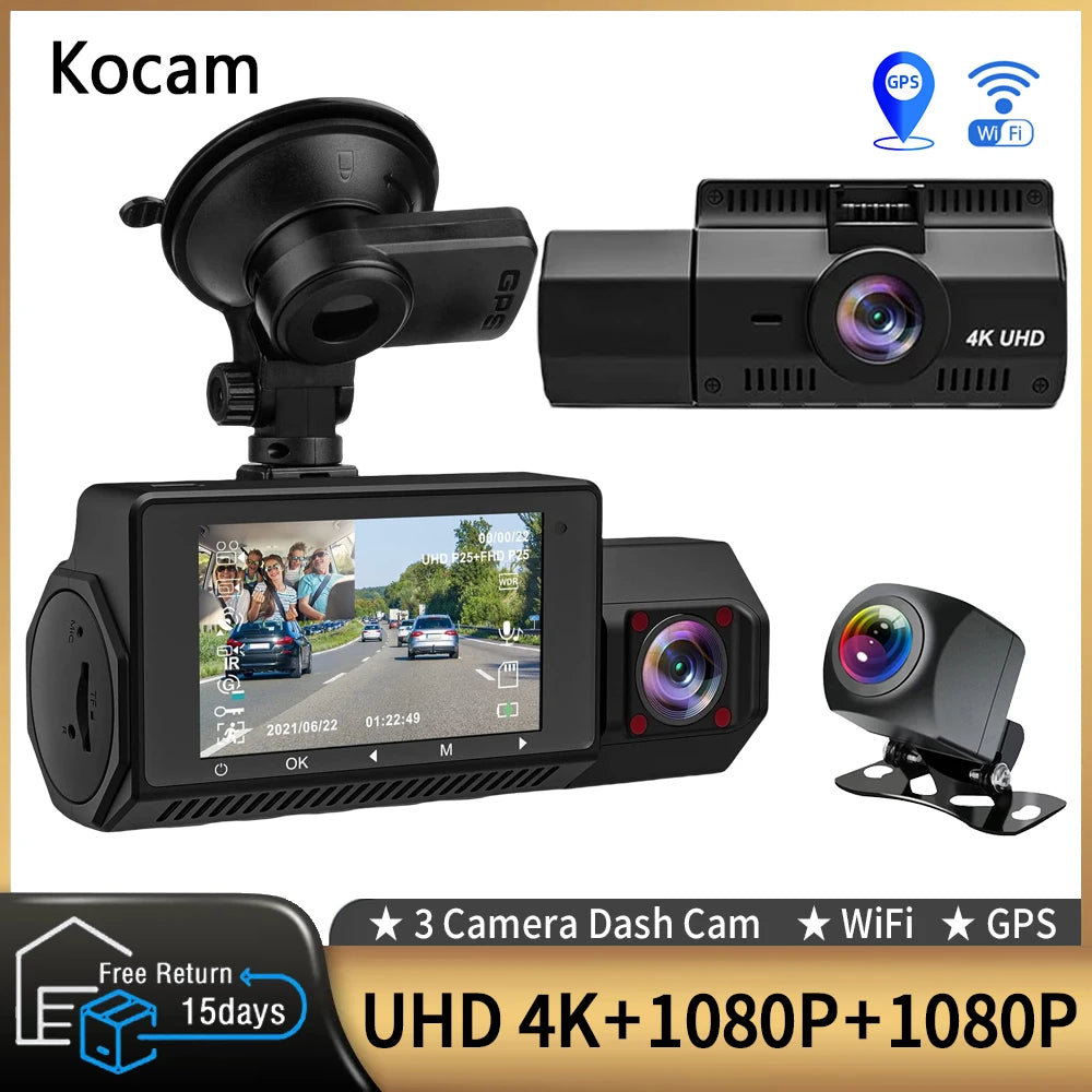 3 Channel Dash Cam Front inside Rear Three Way Car Dash Camera 4K+1080P Dual Channel with Wifi GPS IR Night Vision DVR Black Box