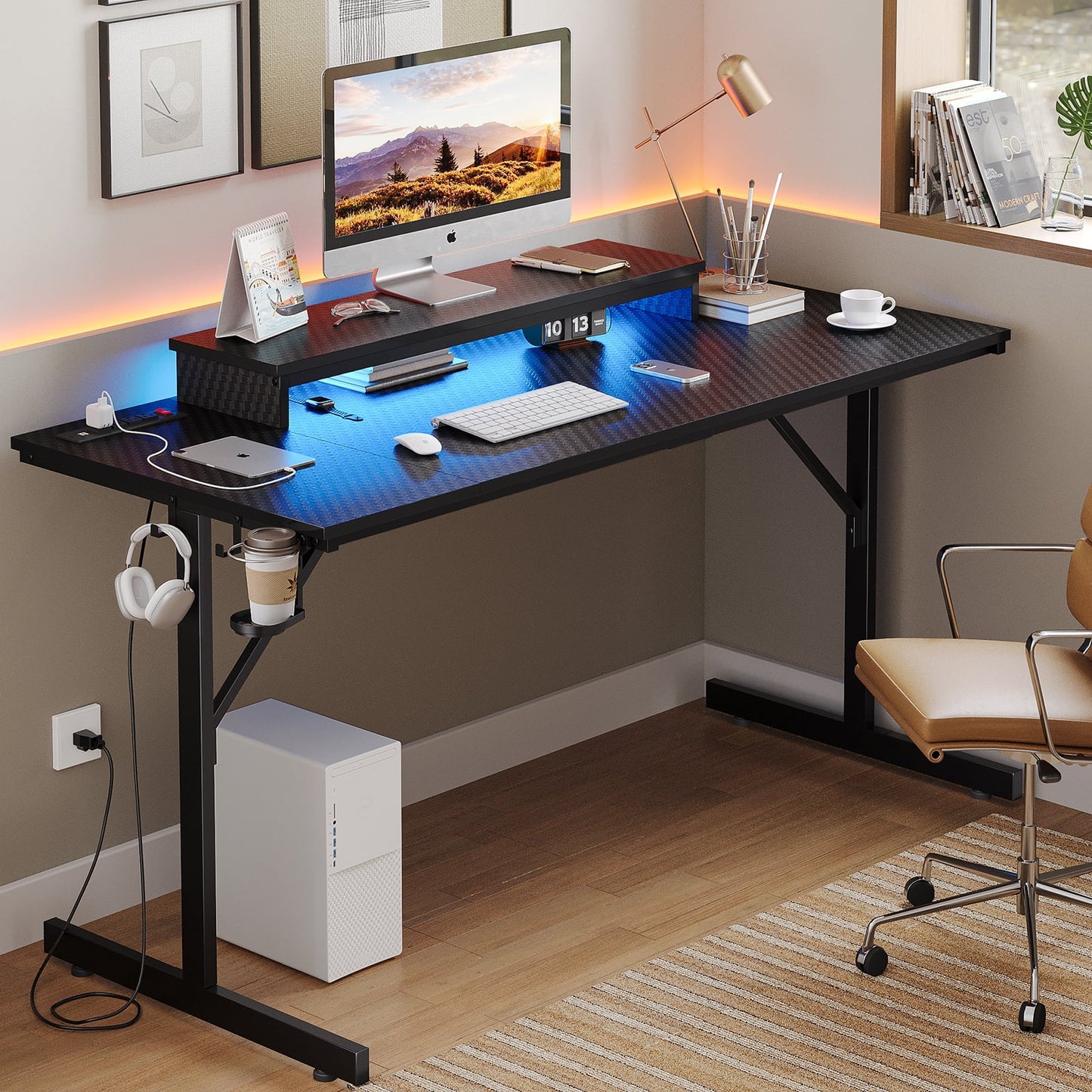 52 Inch Gaming Desk with Power Strip and LED Monitor Stand, Carbon Fiber Black