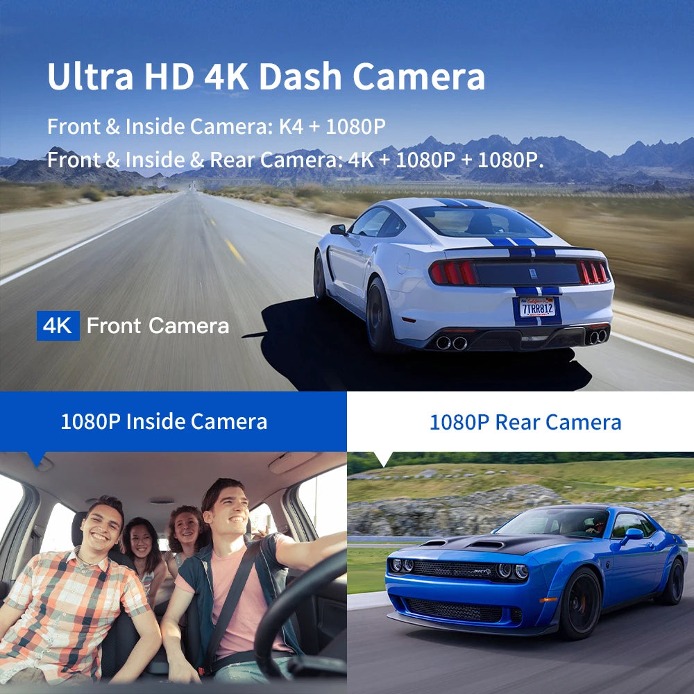 3 Channel Dash Cam Front inside Rear Three Way Car Dash Camera 4K+1080P Dual Channel with Wifi GPS IR Night Vision DVR Black Box