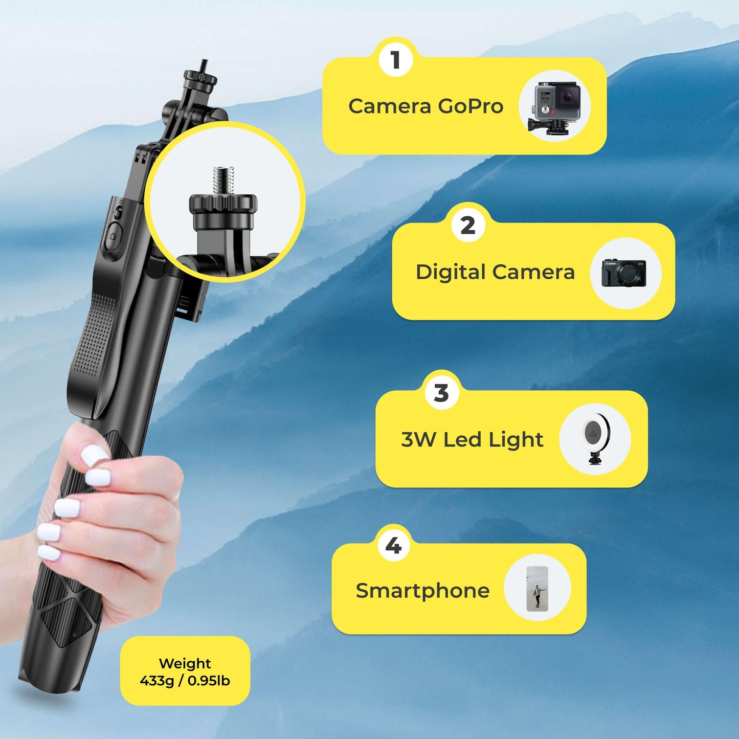 Phone Tripod 62 Selfie Stick for Iphone with Remote and 3W LED Light, Universal Mount, Phone Stand for Recording & Streaming, Tripod for Iphone & Android Phone & Gopro