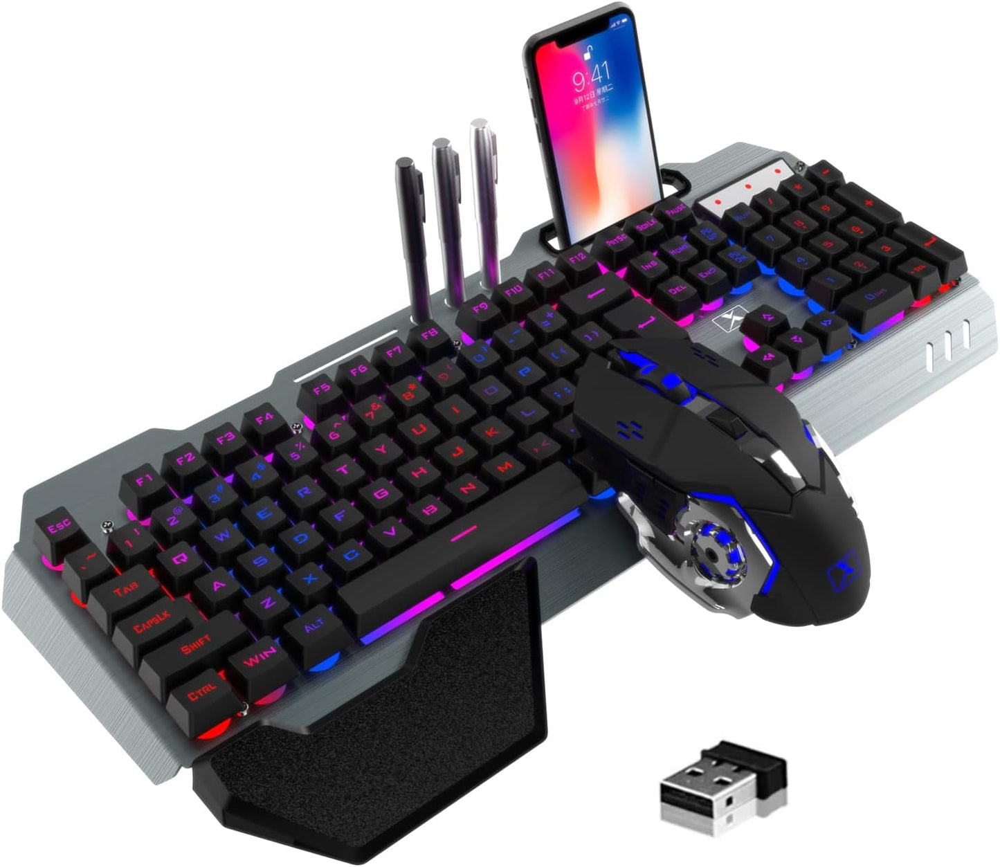 Wireless Gaming Keyboard and Mouse, Rainbow Backlit Rechargeable Keyboard Mouse