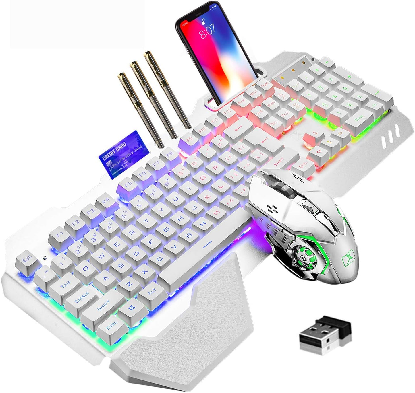 Wireless Gaming Keyboard and Mouse, Rainbow Backlit Rechargeable Keyboard Mouse
