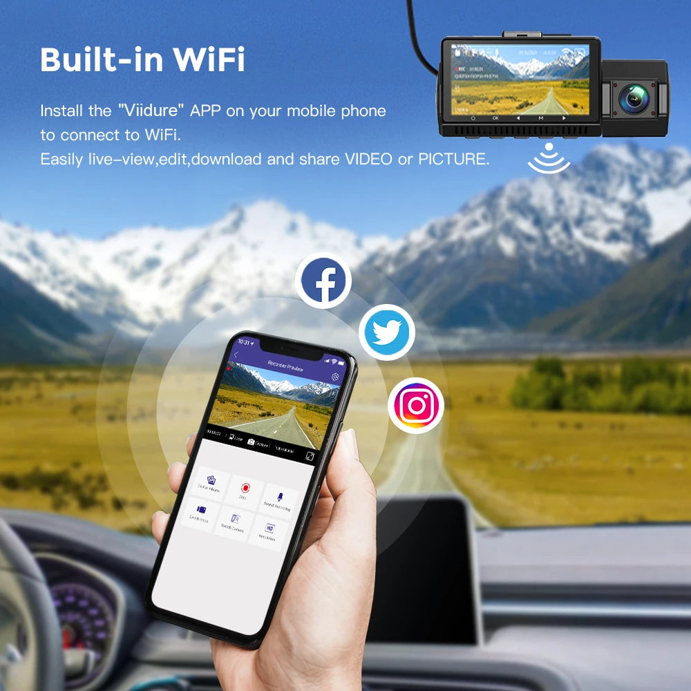 3 Channel Dash Cam Front inside Rear Three Way Car Dash Camera 4K+1080P Dual Channel with Wifi GPS IR Night Vision DVR Black Box