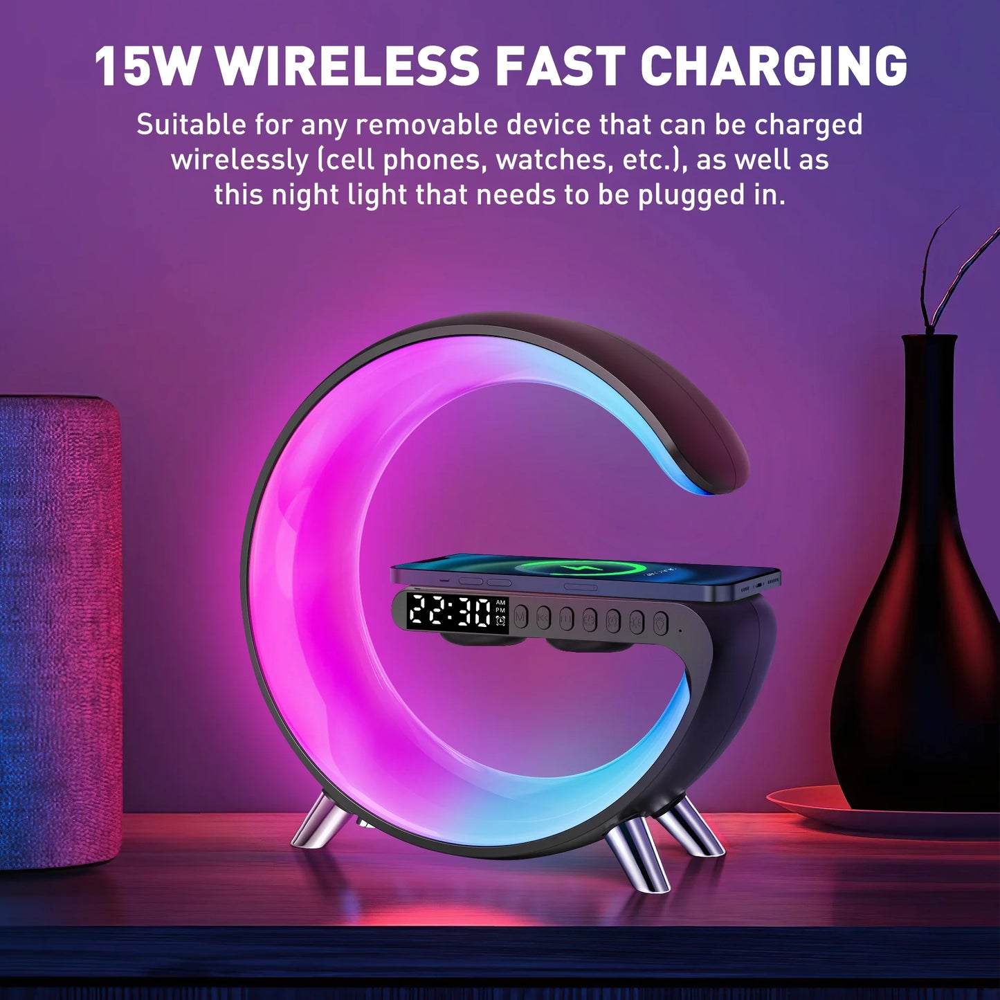 Bluetooth Atmosphere Lamp Alarm Clock, 15W Fast Wireless Charger, Dimmable Night Light