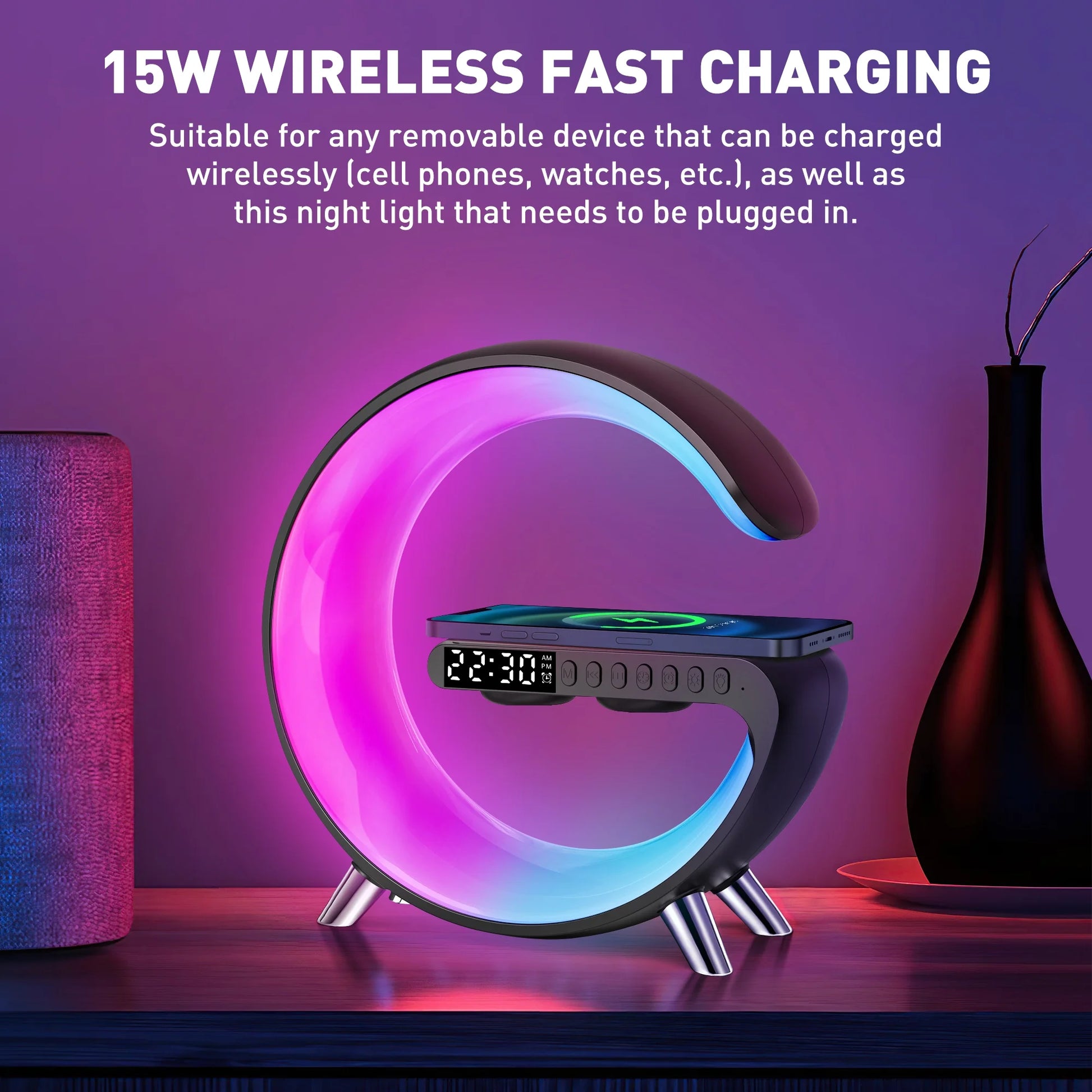 Bluetooth Atmosphere Lamp Alarm Clock, 15W Fast Wireless Charger, Dimmable Night Light