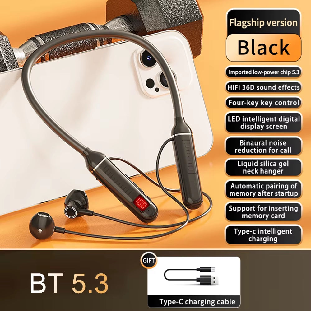 Wireless Neckband Earphone Hifi Sound Quality Bluetooth 5.3 Headphone with LED Power Display Neck Hanging Earbuds