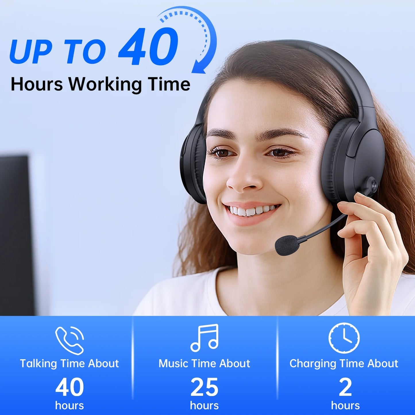 Wireless Headset with Mic AI Noise Cancelling, Black